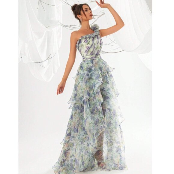 ANEWSTA Women Floral Print One Shoulder Ruffle Trim Petal Hem Evening Gown NWT - Picture 13 of 14